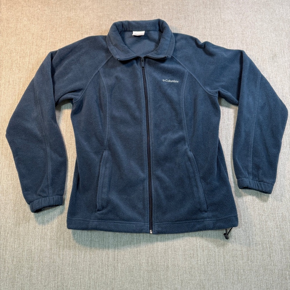Columbia Womens Fleece Jacket Navy Blue Full Zip Mock Neck Large Cold Gear